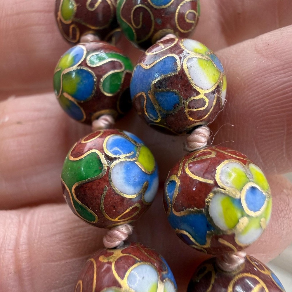 Vintage Estate Cloisonne Necklace Red Blue Floral Enamel Knotted 10mm Beads 23in